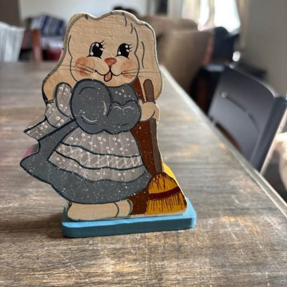 Vintage cottage-core  Cute Wooden Bunny Decor with Broom